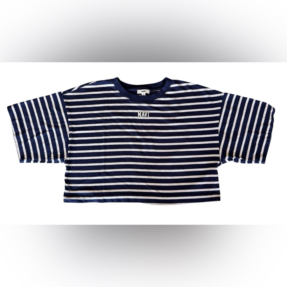 🛍️SALE🛍️ Mavi Logo Printed Striped Navy Blue Crop T-shirt Crop / Short Sleeves - Picture 4 of 7